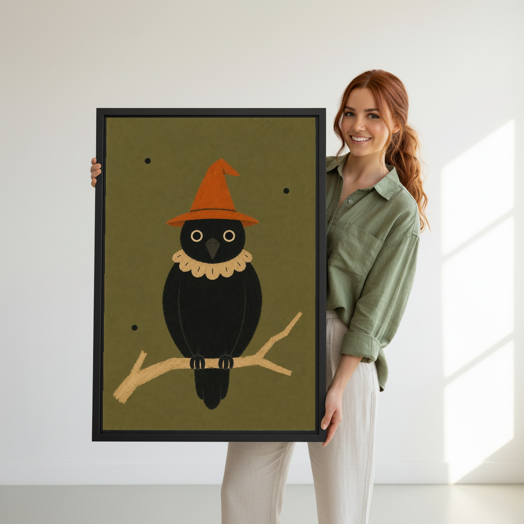 Halloween Crow Canvas Wall Art held in a black frame by a standing woman in green.