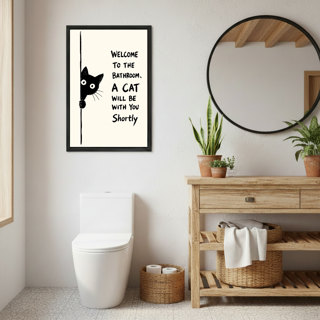 Funny Bathroom Cat Canvas Wall Art framed beside a wooden vanity and round bathroom mirror.