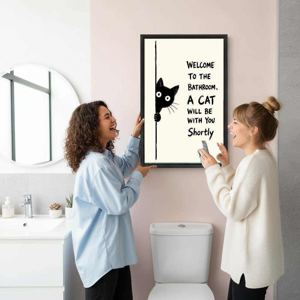 Funny Bathroom Cat Canvas Wall Art held by two women beside a bathroom mirror and toilet.