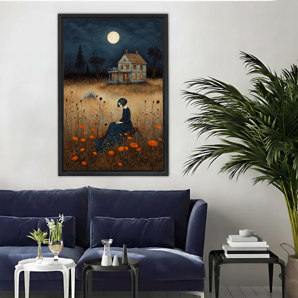Moonlit Cottage Woman Canvas Wall Art framed above a navy sofa beside a leafy palm.