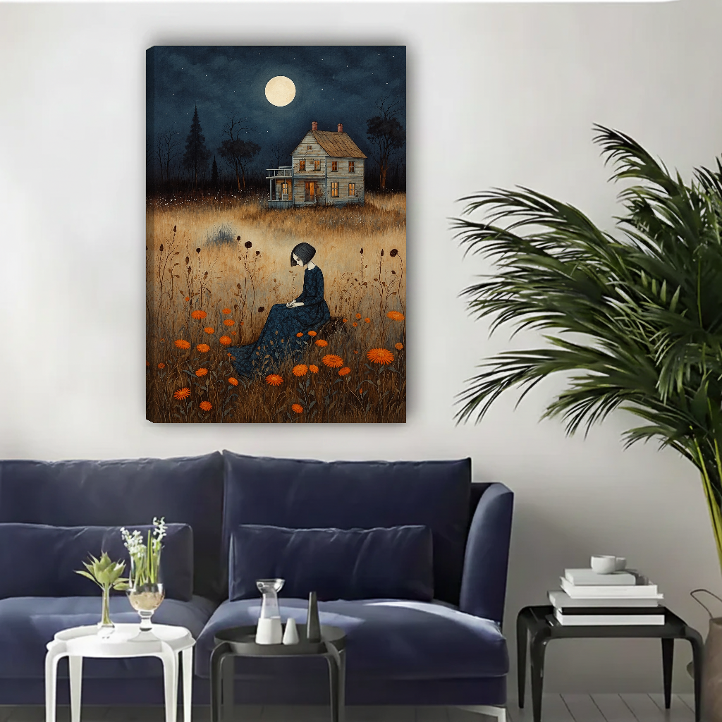 Moonlit Cottage Woman Canvas Wall Art unframed above a navy sofa with light wall and palm.