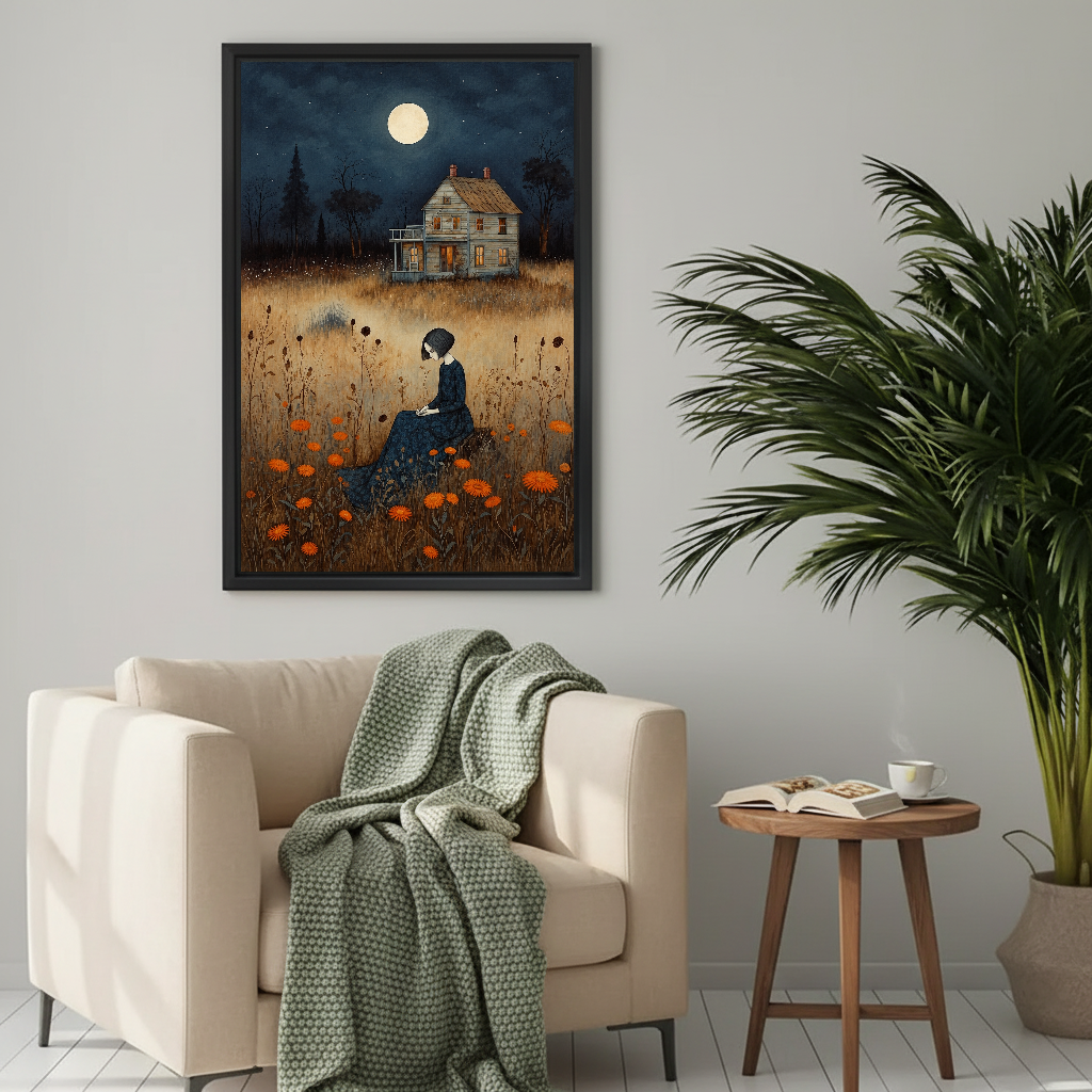 Moonlit Cottage Woman Canvas Wall Art framed beside a cream armchair with a green knitted throw.