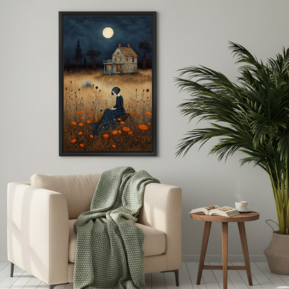 Moonlit Cottage Woman Canvas Wall Art framed beside a cream armchair with a green knitted throw.