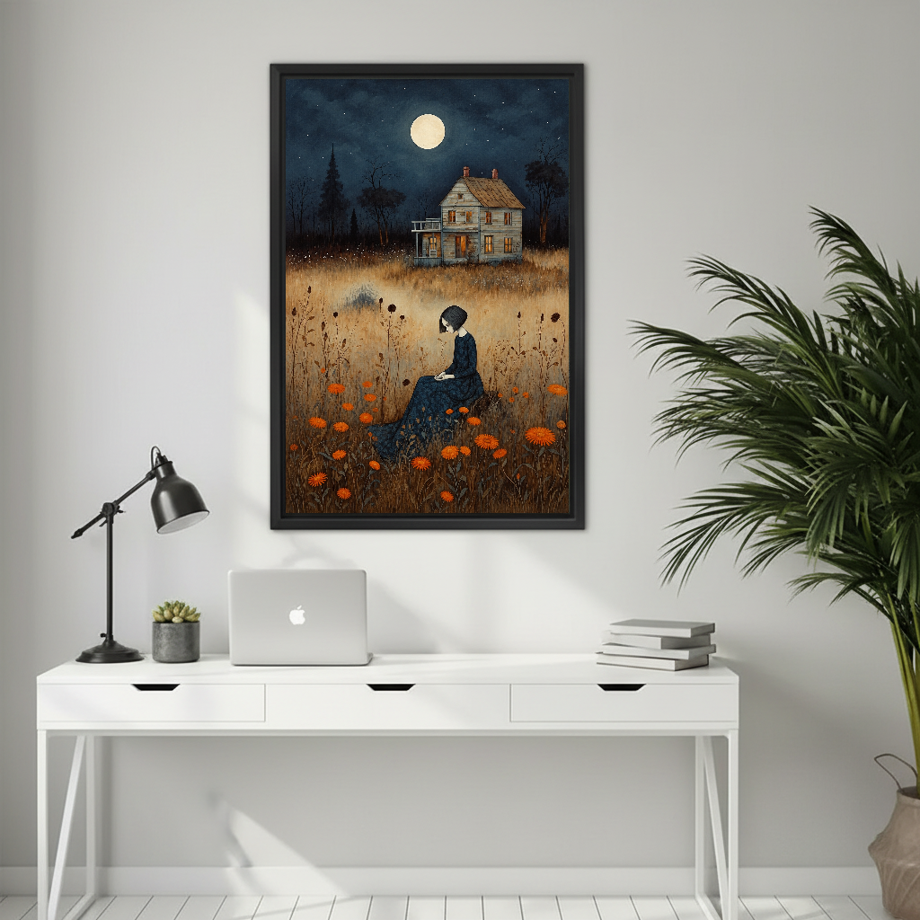 Moonlit Cottage Woman Canvas Wall Art framed above a white desk with laptop and black lamp.
