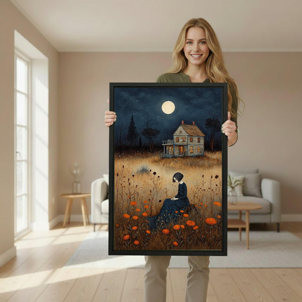 Moonlit Cottage Woman Canvas Wall Art held in a black frame by a woman in a neutral room.