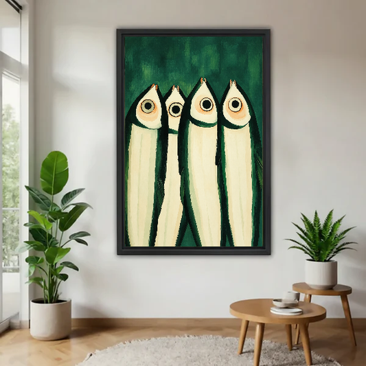 Wide Eyed Fish Canvas Wall Art framed above a warm wood table with leafy plants.