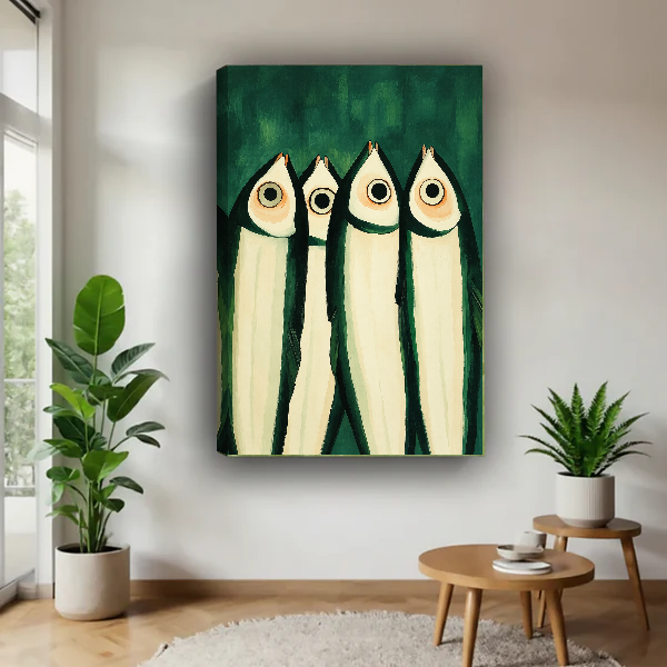 Wide Eyed Fish Canvas Wall Art unframed above a wood table with green plants.