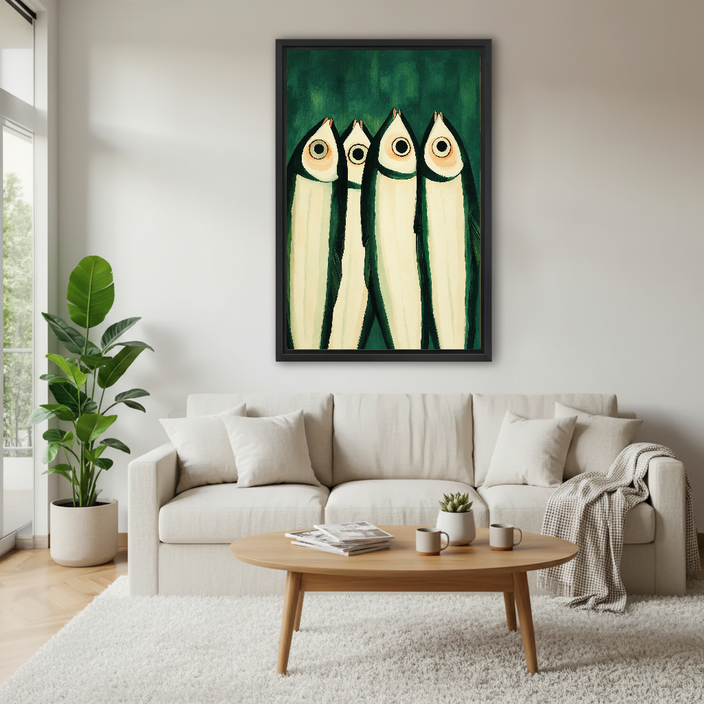 Wide Eyed Fish Canvas Wall Art framed above a white sofa and round coffee table.