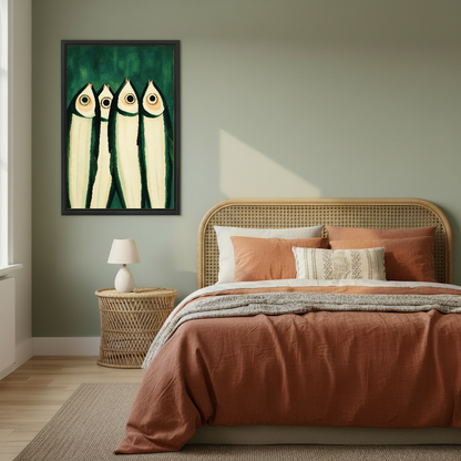 Wide Eyed Fish Canvas Wall Art framed above a copper bed against a muted green wall.