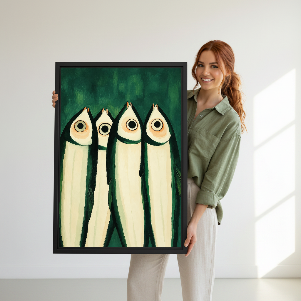 Wide Eyed Fish Canvas Wall Art held in a black frame by a standing woman in green.