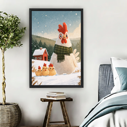 Winter Hen Family Canvas Wall Art framed beside a blue bed with books and leafy plant.