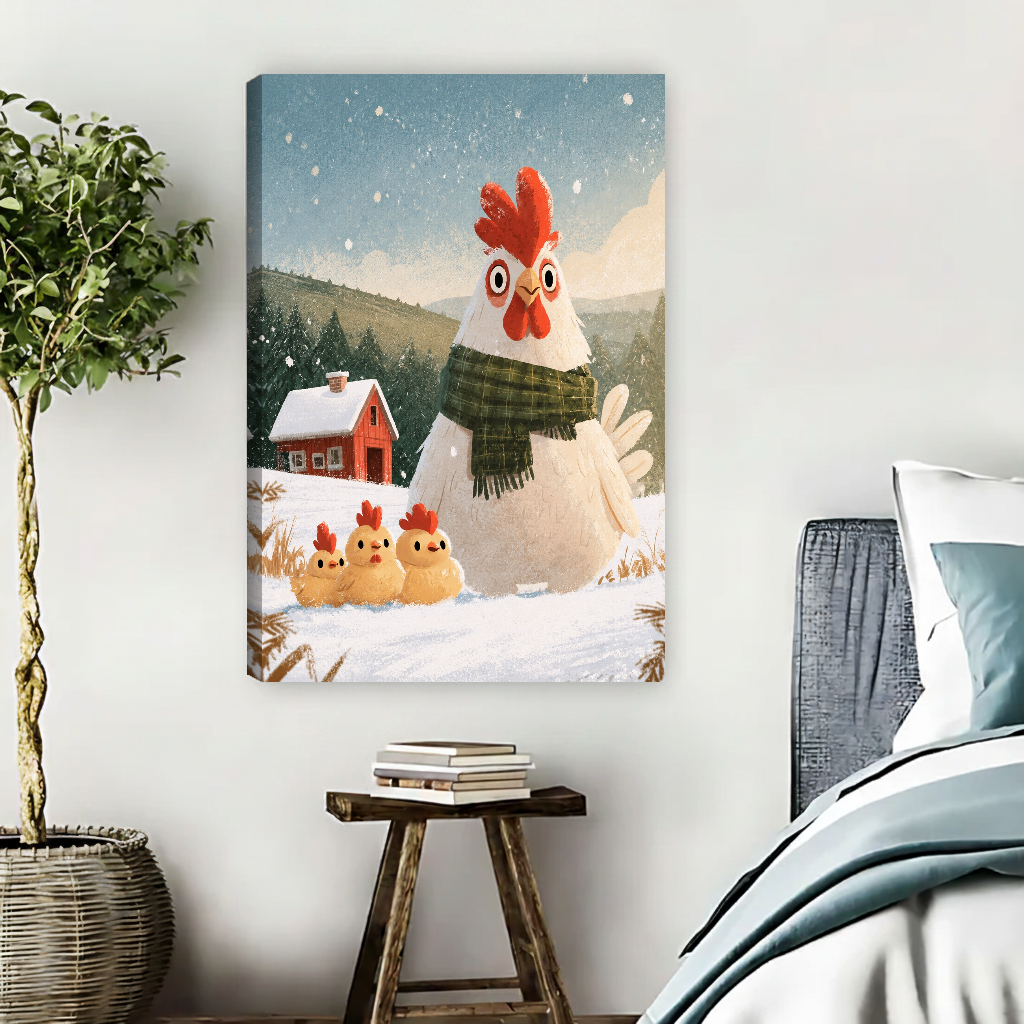 Winter Hen Family Canvas Wall Art unframed beside a blue bed and wooden book stool.