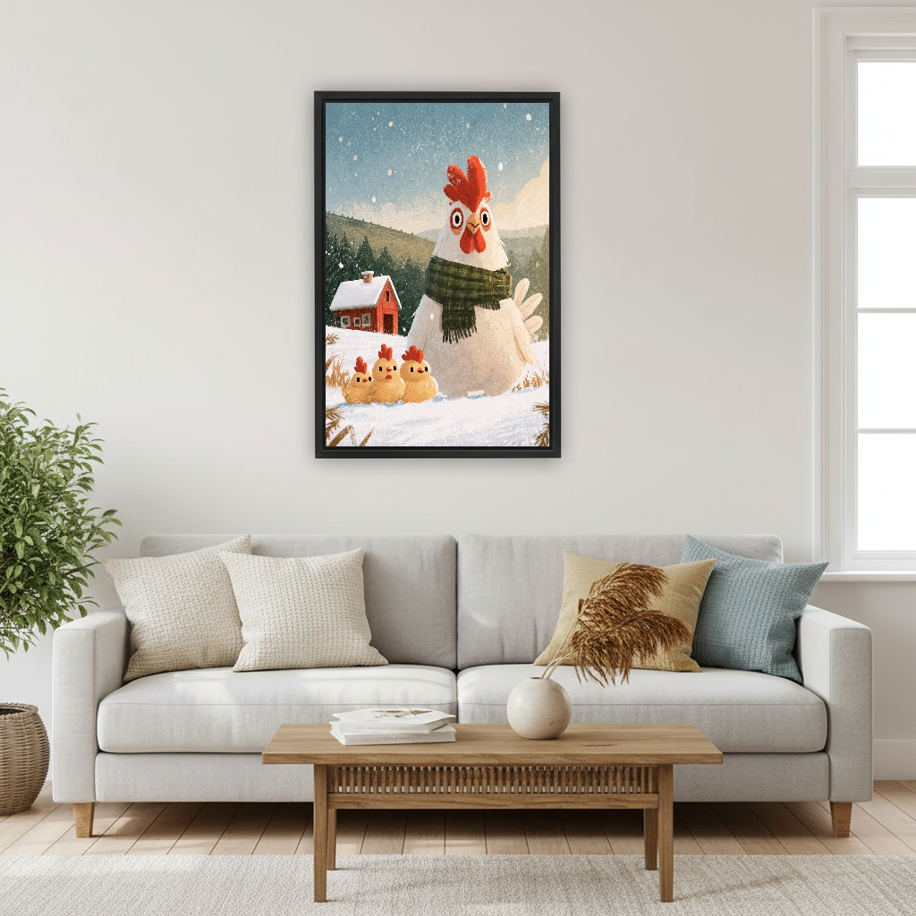 Winter Hen Family Canvas Wall Art framed above a pale gray sofa and wood coffee table.