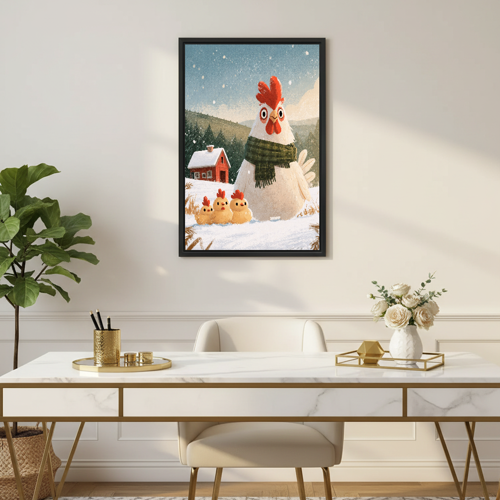 Winter Hen Family Canvas Wall Art framed above a white desk with flowers and gold accents.
