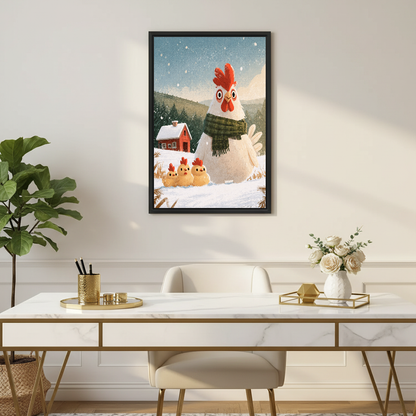 Winter Hen Family Canvas Wall Art framed above a white desk with flowers and gold accents.