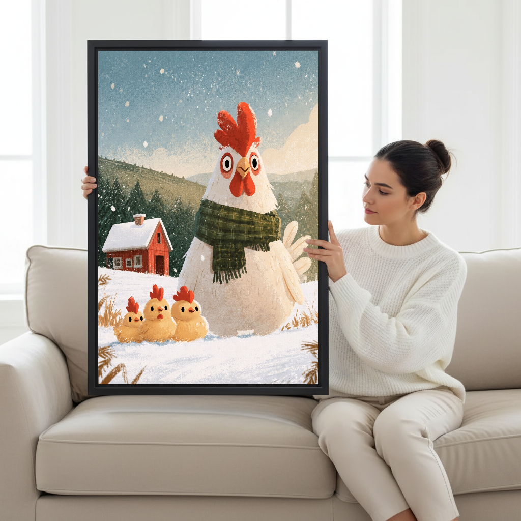 Winter Hen Family Canvas Wall Art held in a black frame by a woman seated on a pale sofa.