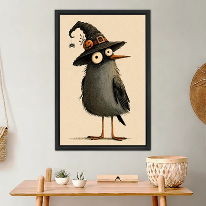 Witch Hat Bird Canvas Wall Art framed above a light wood console with cacti.