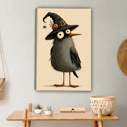Witch Hat Bird Canvas Wall Art unframed above a light wood console and woven basket.