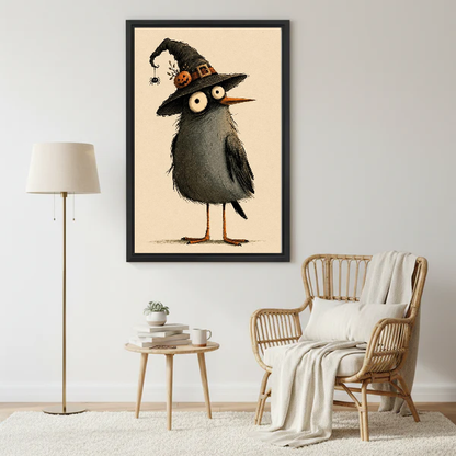 Witch Hat Bird Canvas Wall Art framed beside a wicker armchair with floor lamp.