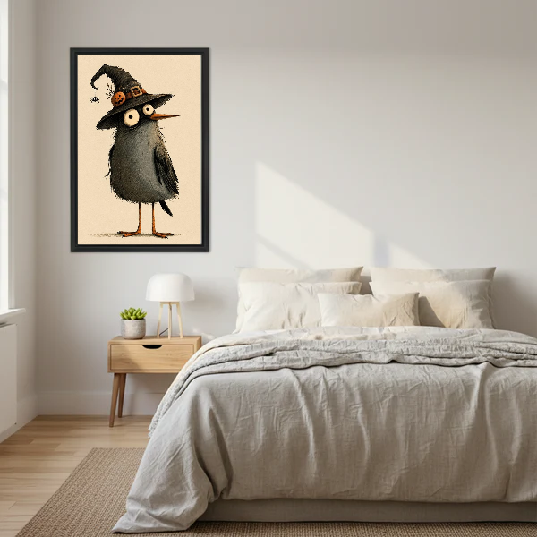 Witch Hat Bird Canvas Wall Art framed above a cream bed with wooden nightstands.