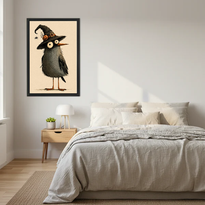 Witch Hat Bird Canvas Wall Art framed above a cream bed with wooden nightstands.