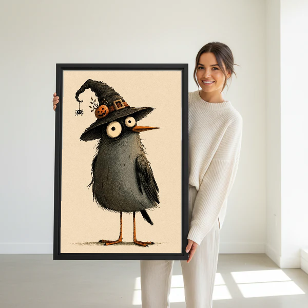 Witch Hat Bird Canvas Wall Art held in a black frame by a standing woman in white.