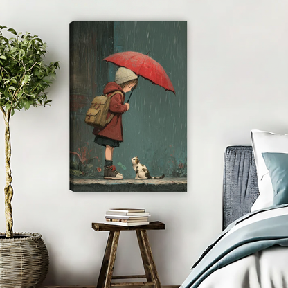 Rainy Day Girl Cat Canvas Wall Art unframed beside a blue bed and wooden book stool.