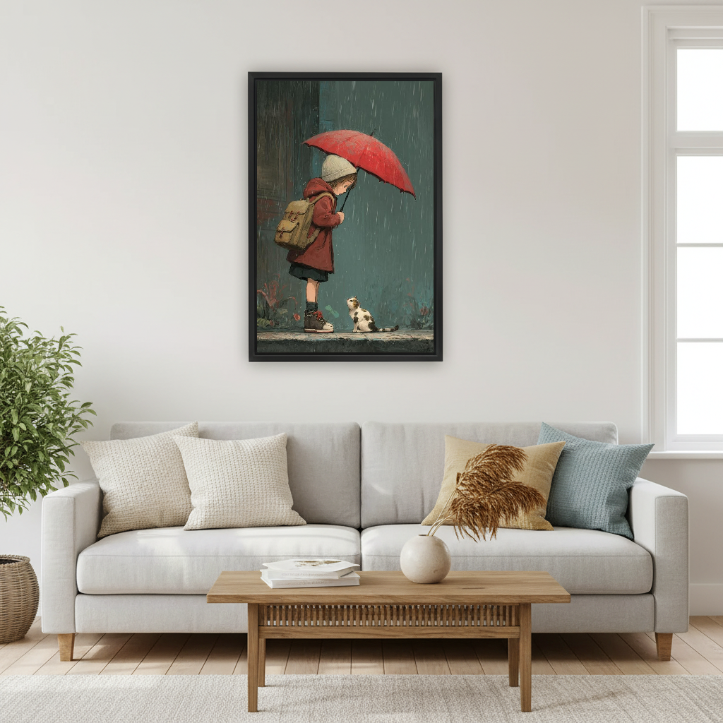 Rainy Day Girl Cat Canvas Wall Art framed above a pale gray sofa and wood coffee table.