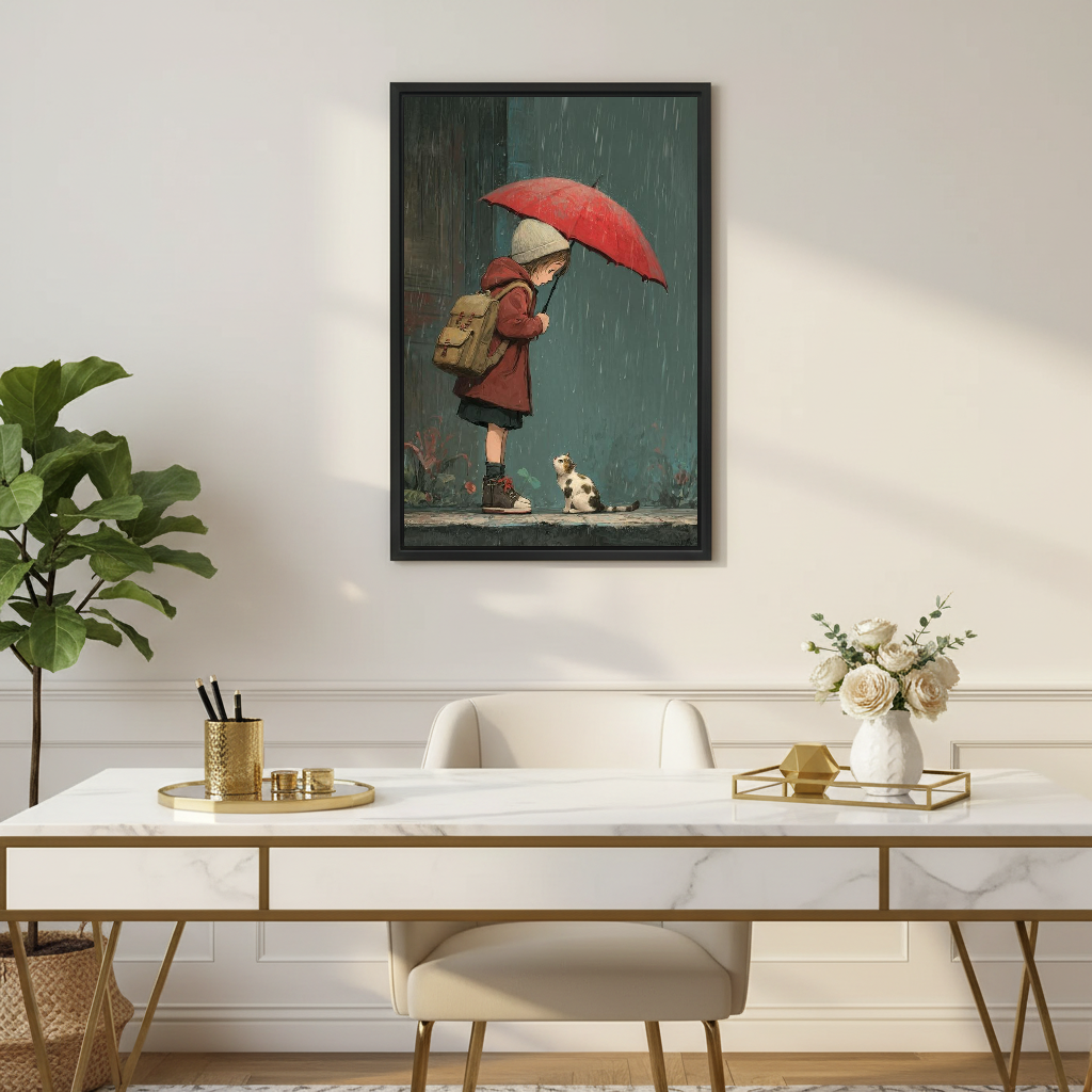 Rainy Day Girl Cat Canvas Wall Art framed above a white desk with flowers and gold accents.