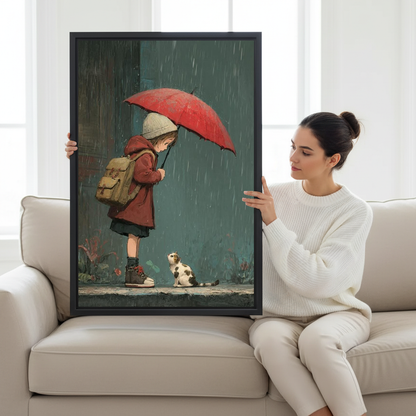 Rainy Day Girl Cat Canvas Wall Art held in a black frame by a woman seated on a pale sofa.