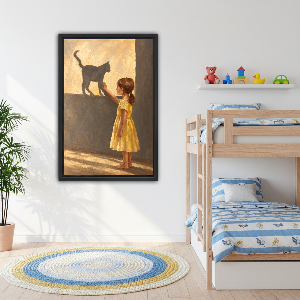 Girl and Cat Shadow canvas art framed beside children’s bunk beds and colorful toys.