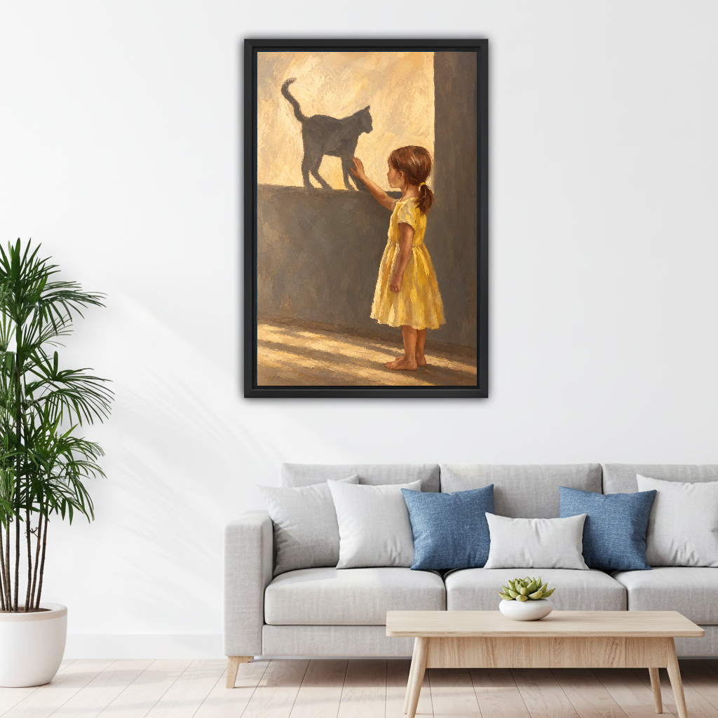 Girl and Cat Shadow canvas art framed above a pale sofa with blue cushions.