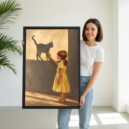 Girl and Cat Shadow canvas art held framed by a woman wearing a white shirt.
