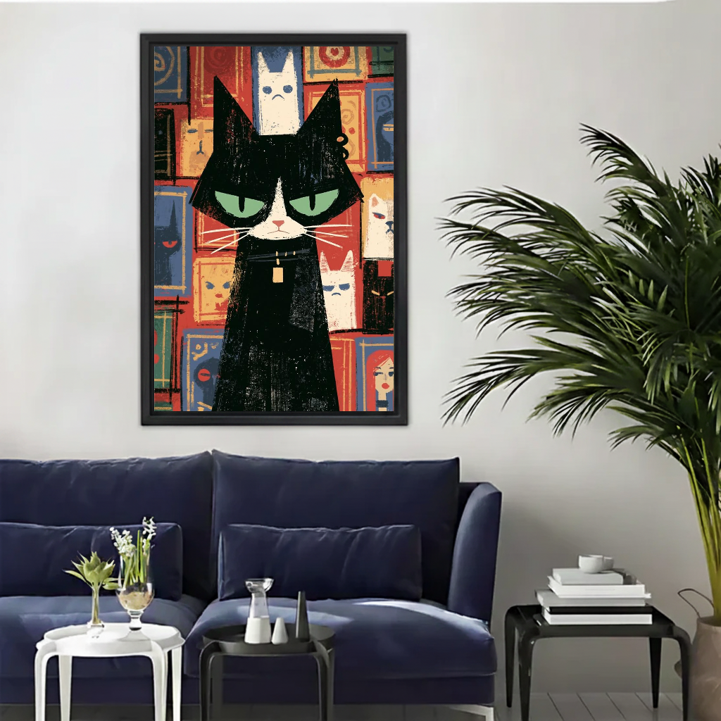 Grumpy Geometric Cat Canvas Wall Art framed above a navy sofa beside a leafy palm.