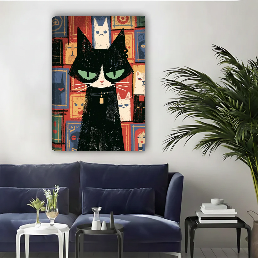 Grumpy Geometric Cat Canvas Wall Art unframed above a navy sofa with light wall and palm.