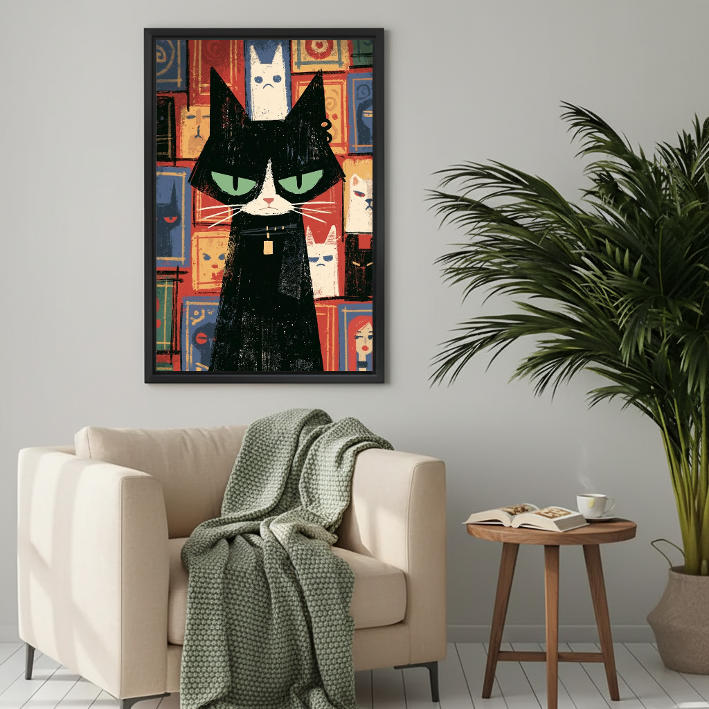 Grumpy Geometric Cat Canvas Wall Art framed beside a cream armchair with a green knitted throw.