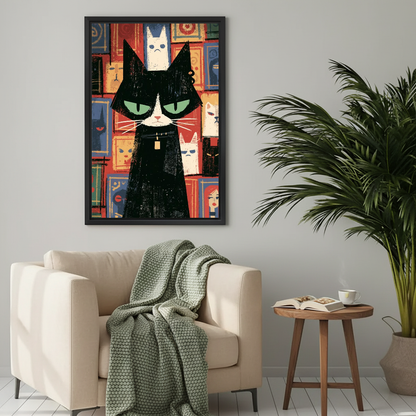 Grumpy Geometric Cat Canvas Wall Art framed beside a cream armchair with a green knitted throw.