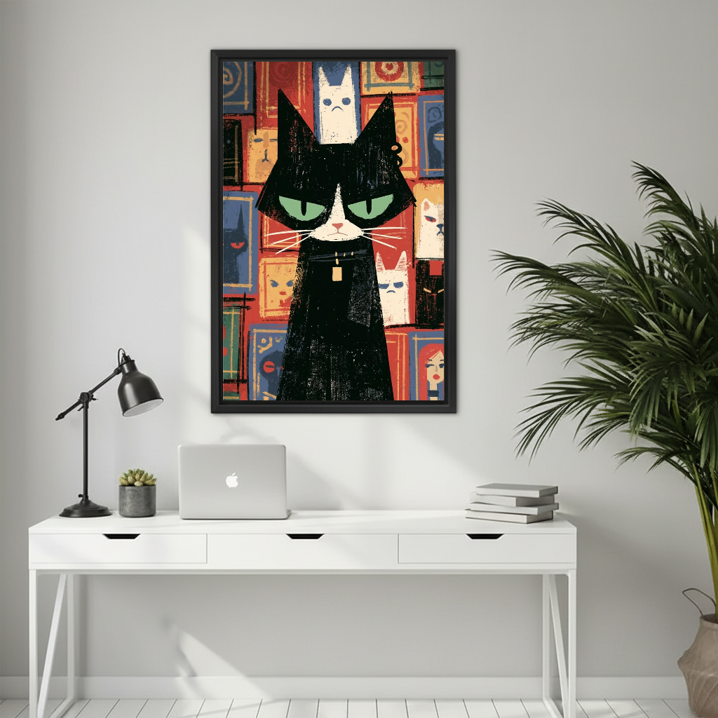 Grumpy Geometric Cat Canvas Wall Art framed above a white desk with laptop and black lamp.
