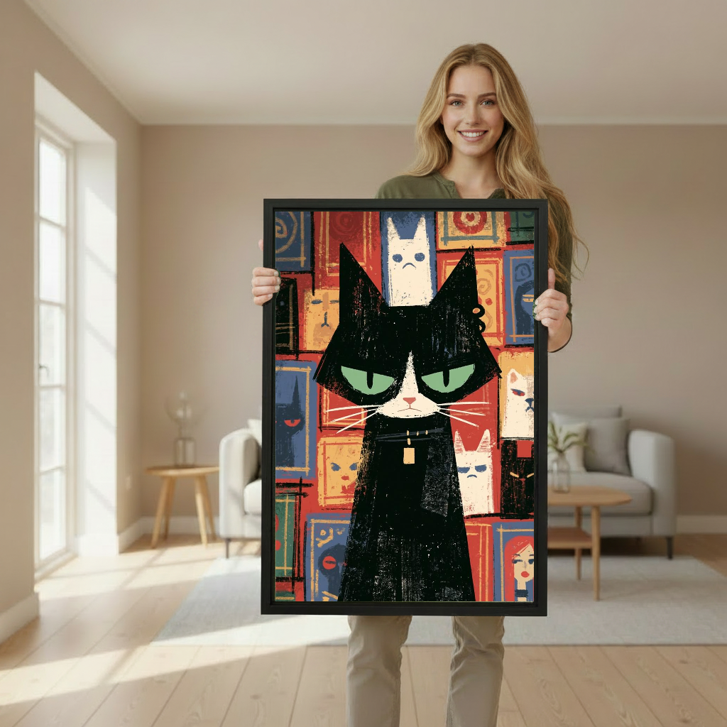 Grumpy Geometric Cat Canvas Wall Art held in a black frame by a woman in a neutral room.