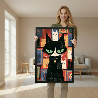 Grumpy Geometric Cat Canvas Wall Art held in a black frame by a woman in a neutral room.