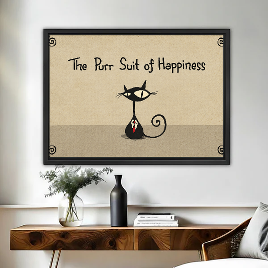 Purr Suit of Happiness canvas art framed above a wooden desk with a dark vase.