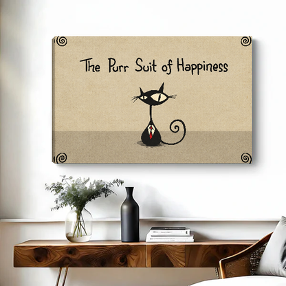 Purr Suit of Happiness canvas art unframed above a wooden desk with a dark vase.