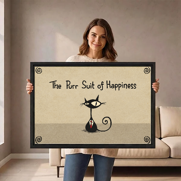 Purr Suit of Happiness canvas art framed, held by a woman in a neutral room.
