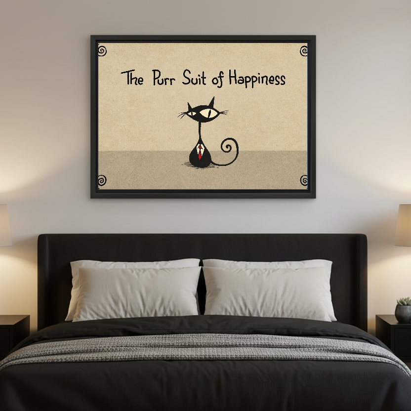 Purr Suit of Happiness canvas art framed above a black bed with pale bedding.
