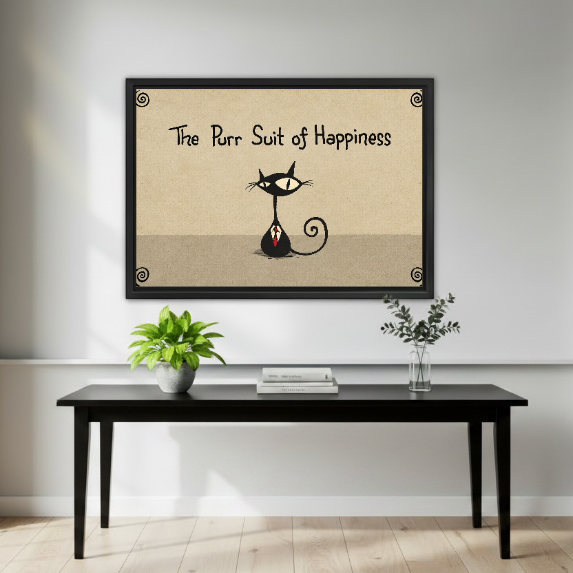 Purr Suit of Happiness canvas art framed above a black console with green plants.