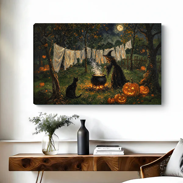Moonlit Witch Laundry canvas art unframed above a wooden desk with a dark vase.