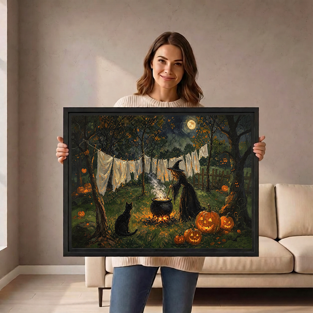 Moonlit Witch Laundry canvas art framed, held by a woman in a neutral room.