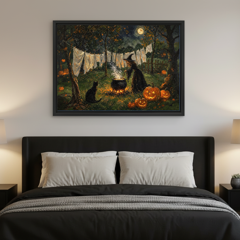 Moonlit Witch Laundry canvas art framed above a black bed with pale bedding.