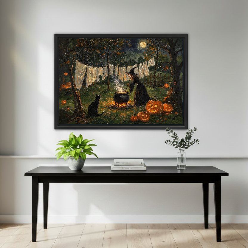 Moonlit Witch Laundry canvas art framed above a black console with green plants.