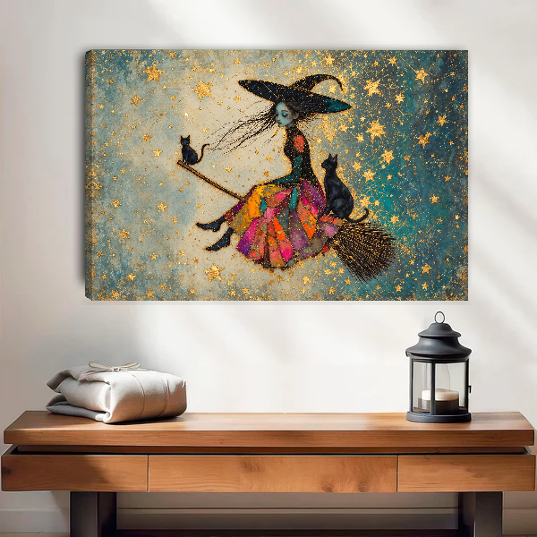Patchwork Witch and Cats canvas art unframed above a wooden table and lantern.